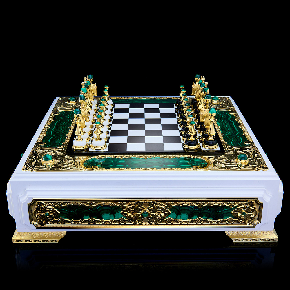 Шахматы «Баталия» в ларце из малахита 54х54 см. Златоуст - интернет магазин Русь Велика я фото 10