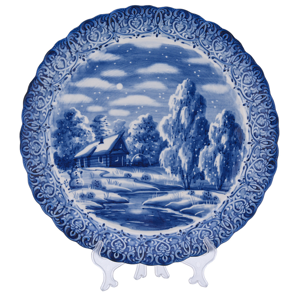 Тарелка декоративная «Зима в деревне». Гжель - интернет магазин Русь Велика я 