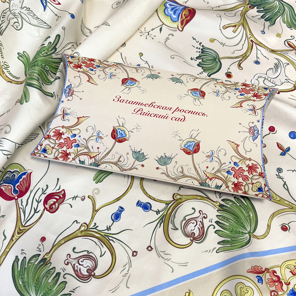 Платок шелковый «Зачатьевская монастырская роспись» 90х90 см - интернет магазин Русь Велика я фото 3