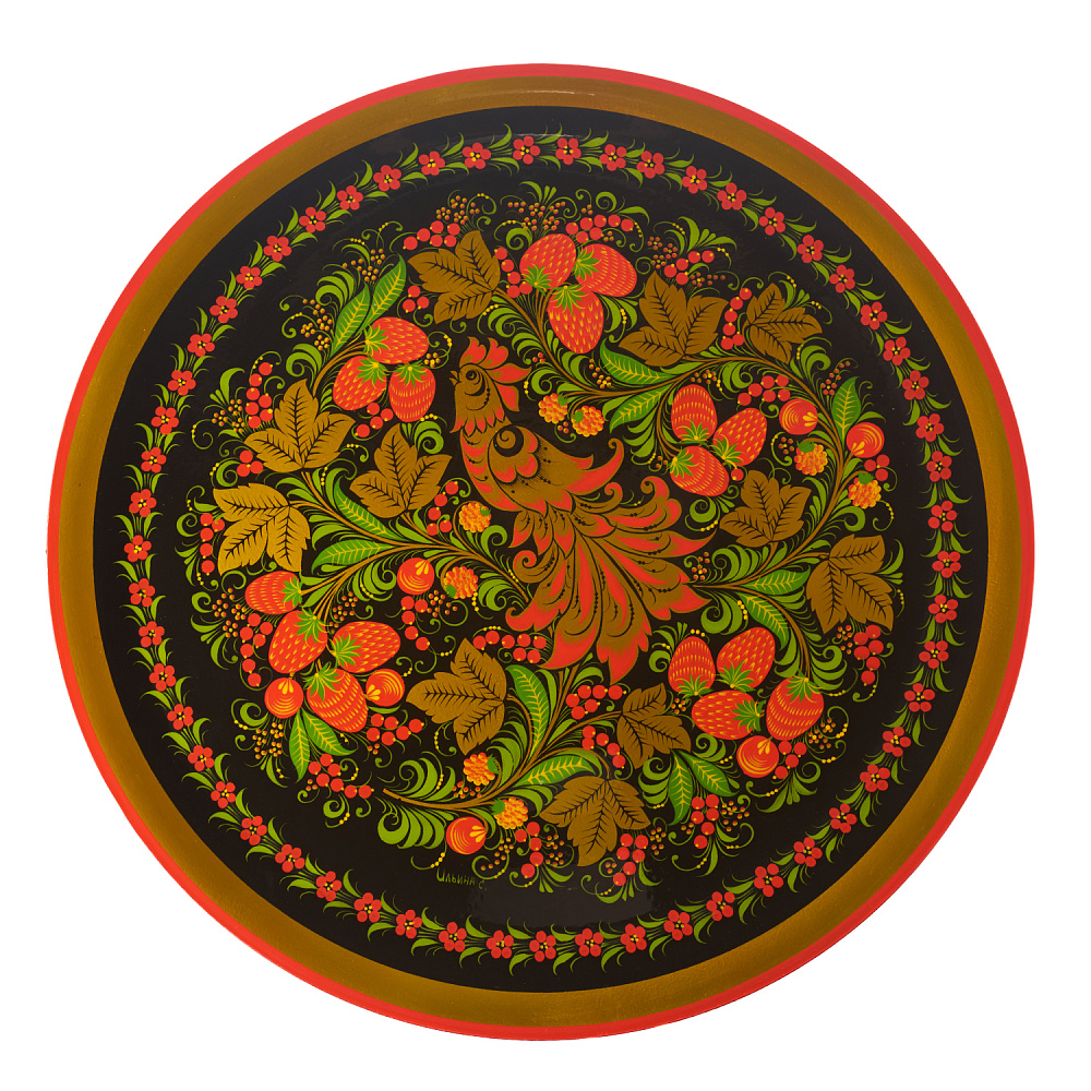 Панно-тарелка «Птица и клубника». Хохлома - интернет магазин Русь Велика я 