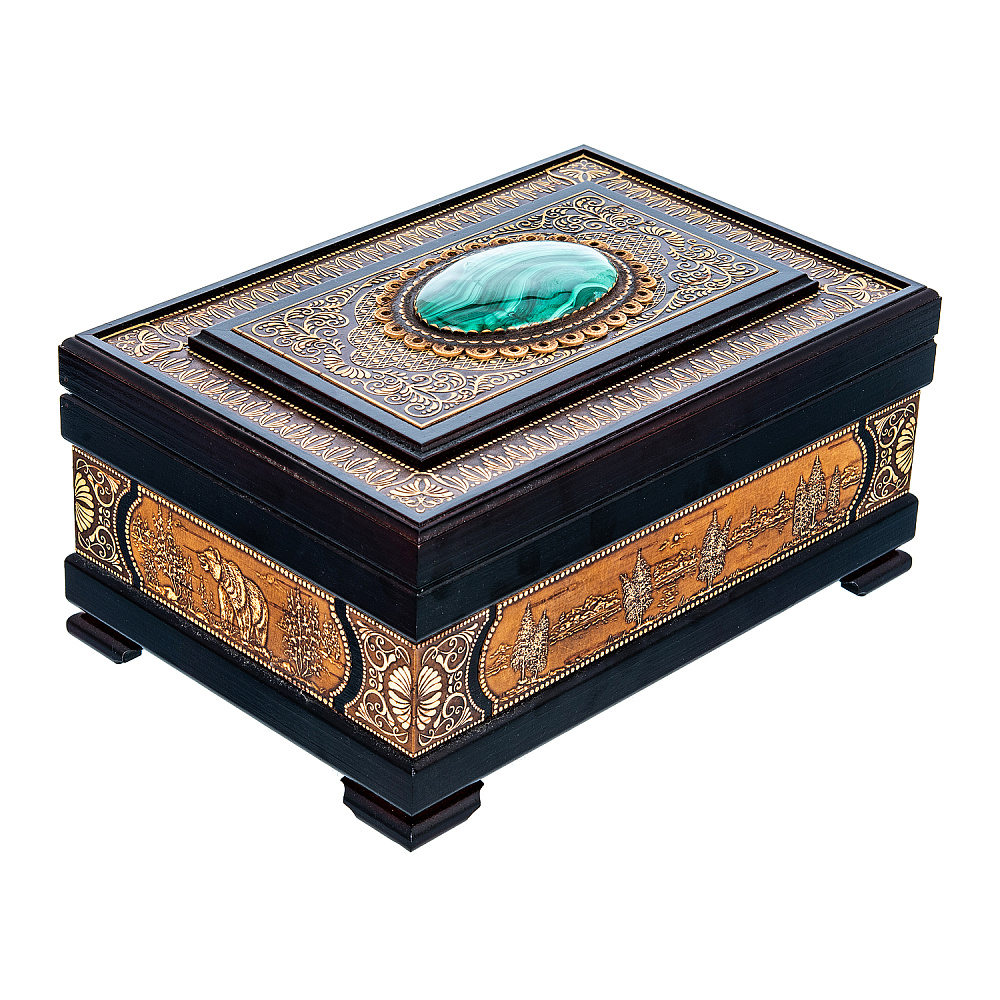 Шкатулка из бересты с малахитом - интернет магазин Русь Велика я фото 1