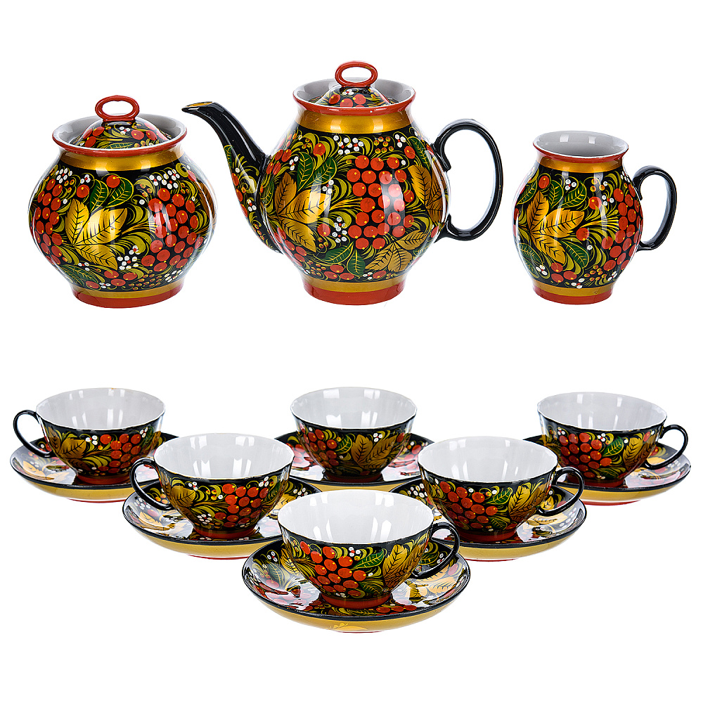 Чайный сервиз на 6 персон «Рябинка». Хохлома - интернет магазин Русь Велика я 
