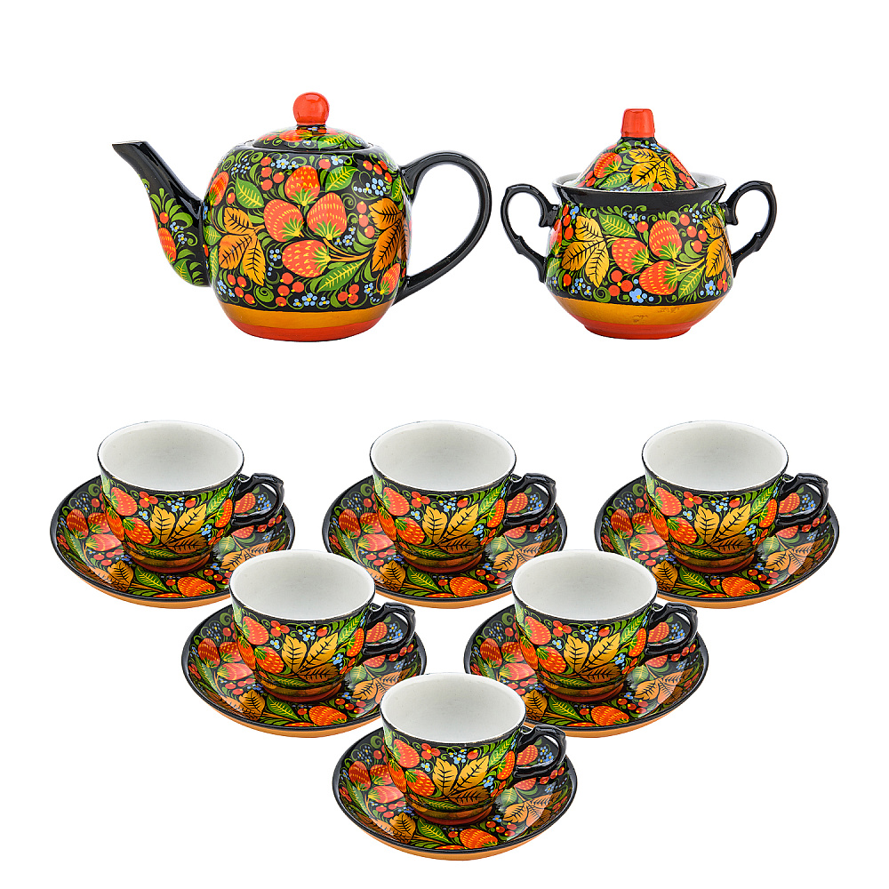 Чайный сервиз на 6 персон «Клубника». Хохлома - интернет магазин Русь Велика я 