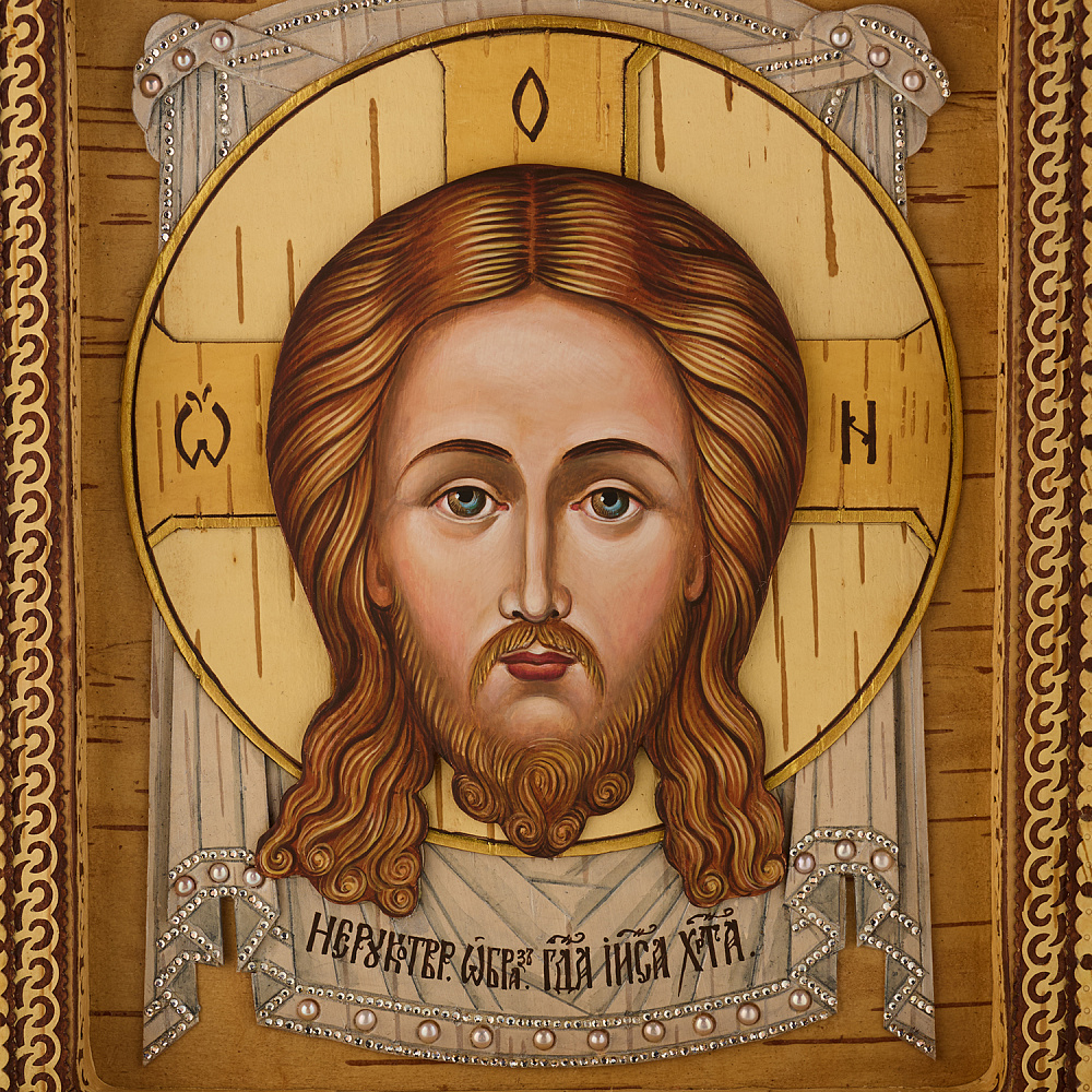 Икона из бересты «Спас Нерукотворный» 33х39 см - интернет магазин Русь Велика я фото 1