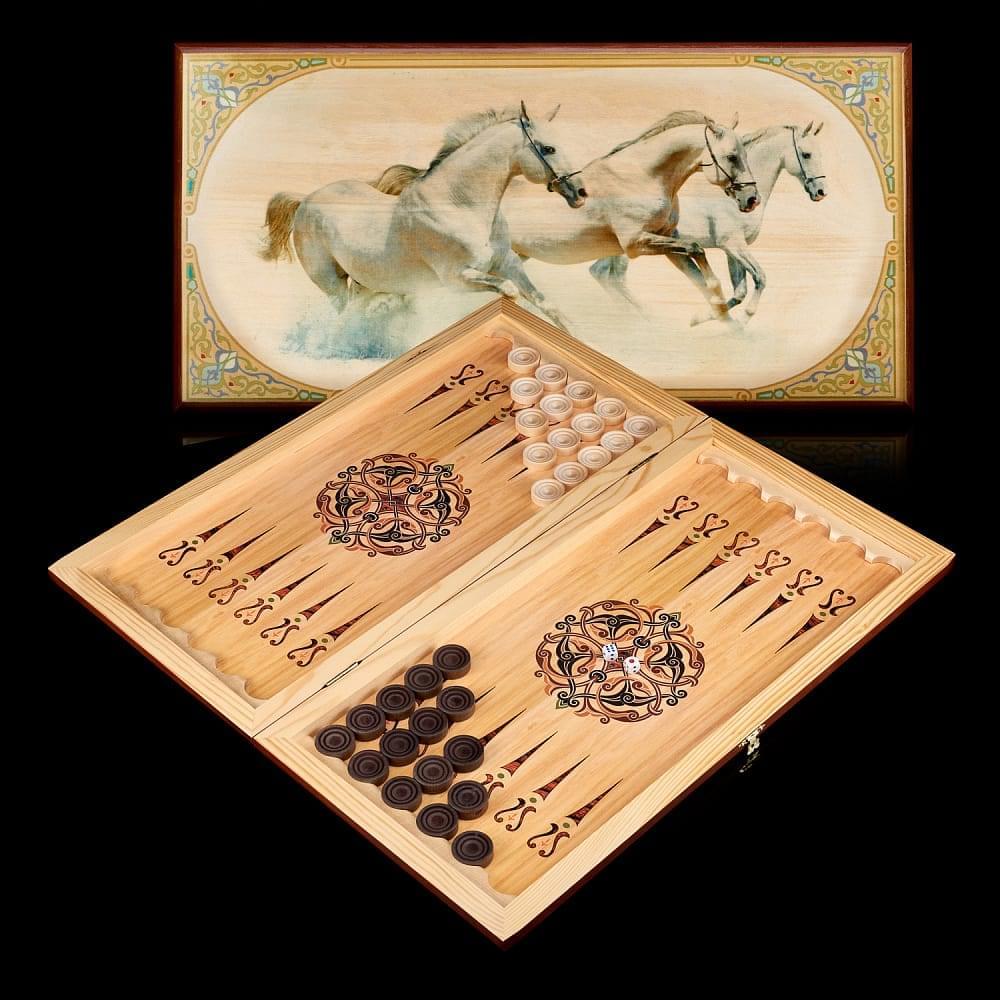 Нарды деревянные с иллюстрацией «Лошади» - интернет магазин Русь Велика я 