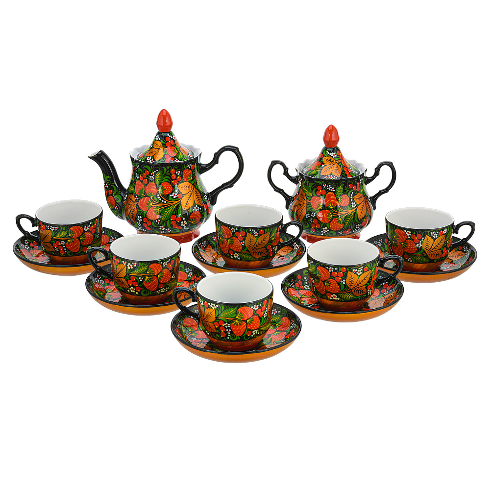 Чайный сервиз на 6 персон «Клубника». Хохлома - интернет магазин Русь Велика я 