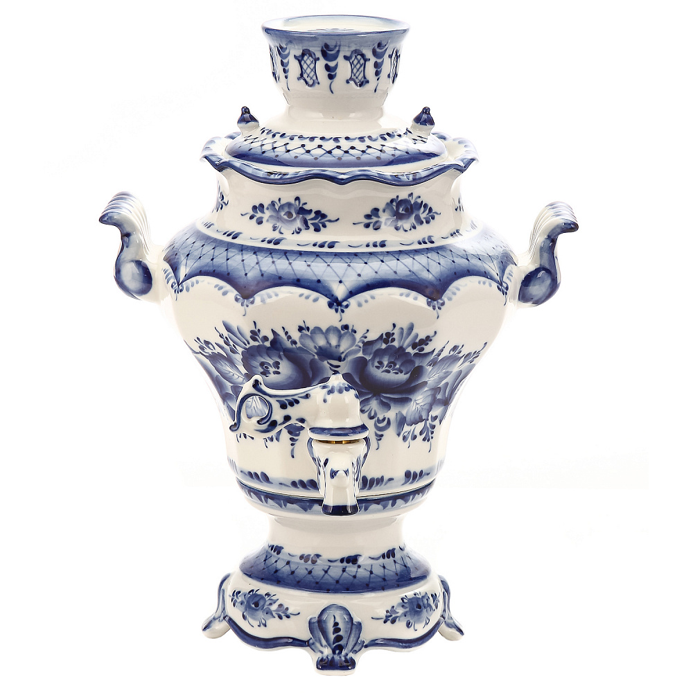 Самовар фарфоровый электрический 2л «Летняя фантазия» с сервизом 6 персон. Гжель - интернет магазин Русь Велика я фото 2