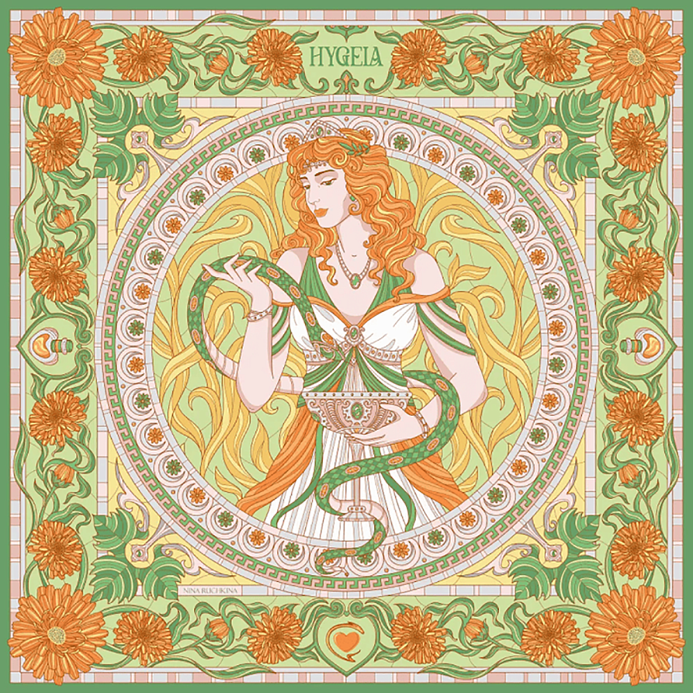 Платок шелковый «Богиня Гигея» 90х90 см - интернет магазин Русь Велика я 