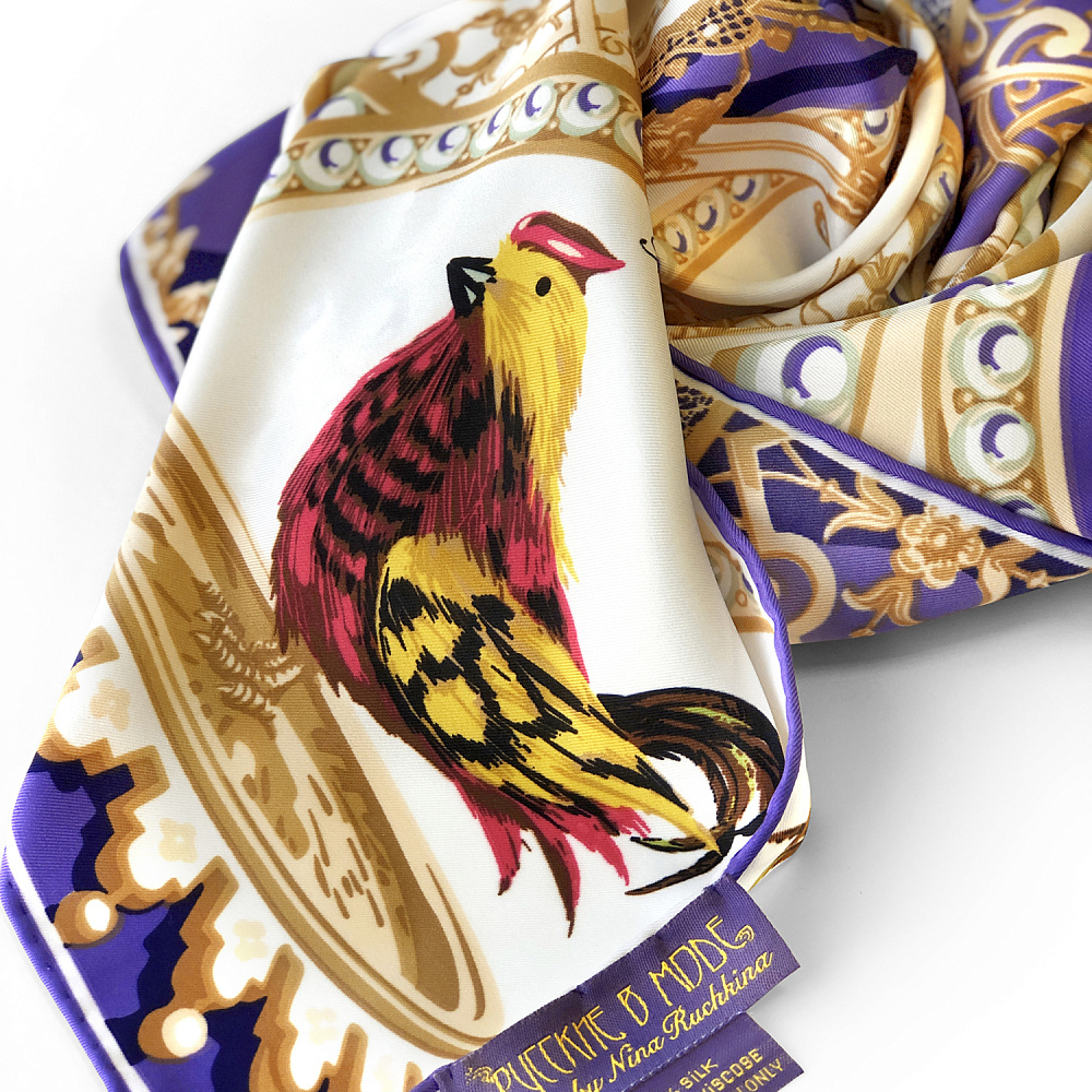 Платок шелковый «Фаберже. яйцо-часы Петушок» 65х65 см - интернет магазин Русь Велика я фото 4