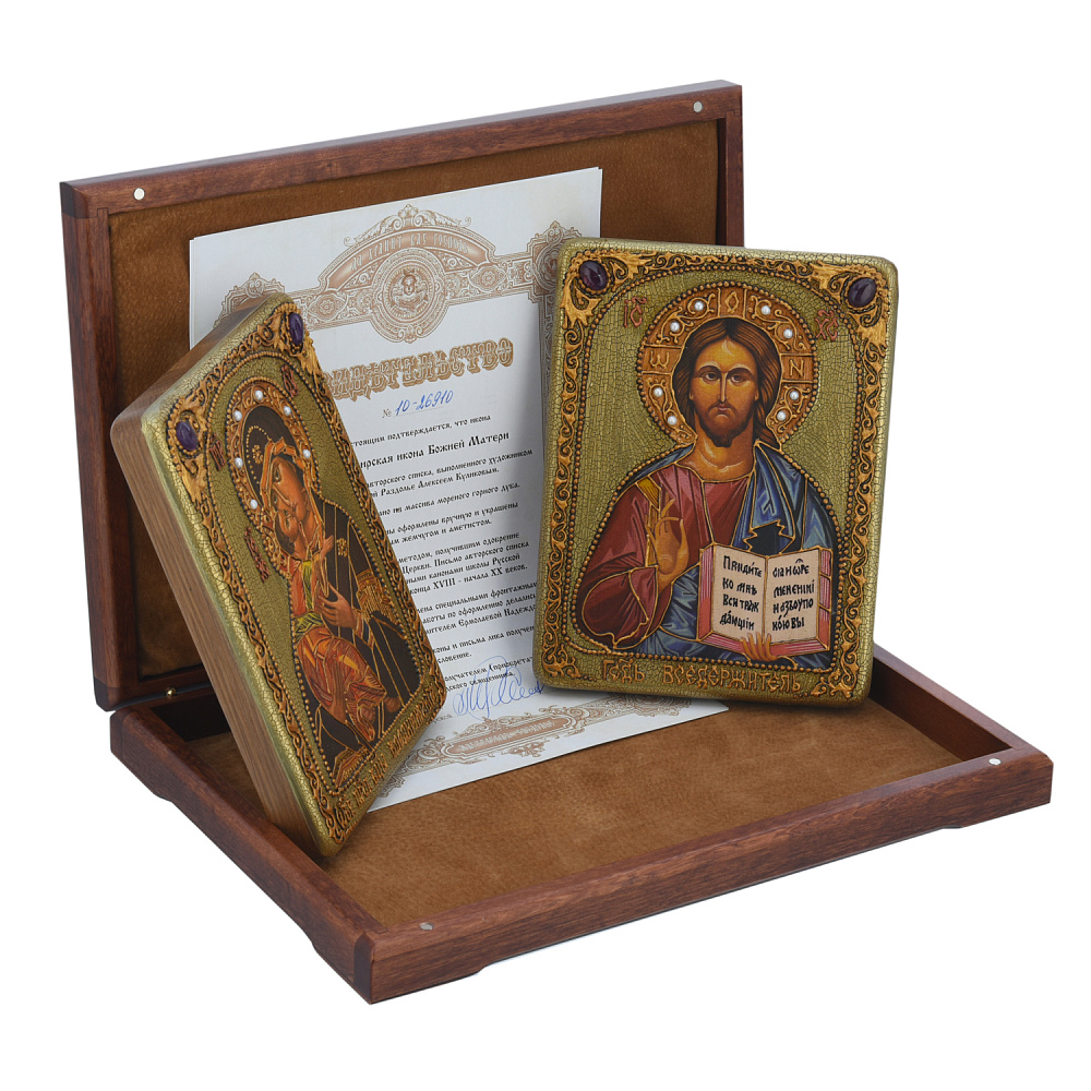 Венчальная пара икон «Божья Матерь Владимирская и Вседержитель» 15х20 см - интернет магазин Русь Велика я фото 1