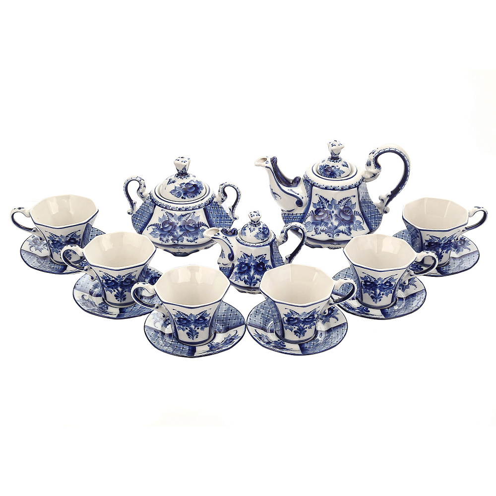 Чайный сервиз на 6 персон «Грань». Гжель - интернет магазин Русь Велика я 