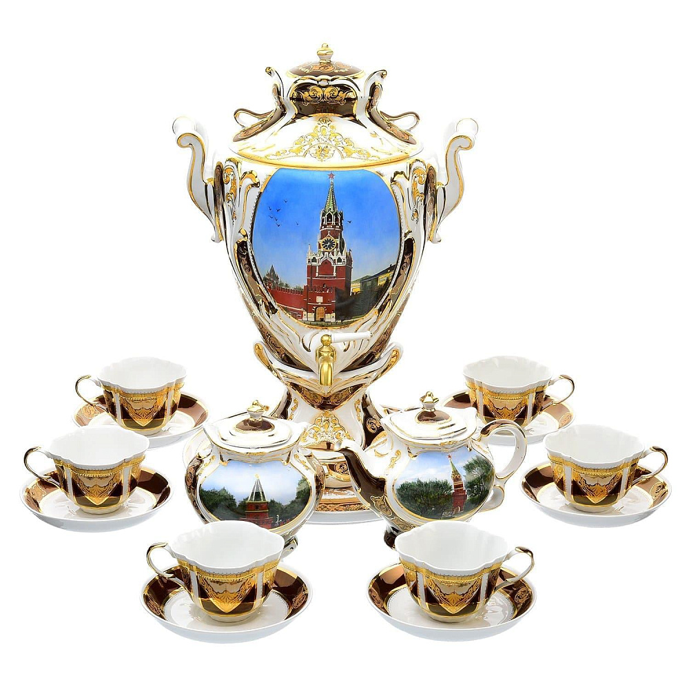 Самовар электрический «Спасская башня». Фарфор. 5 л. с чашками, чайником и сахарницей - интернет магазин Русь Велика я 