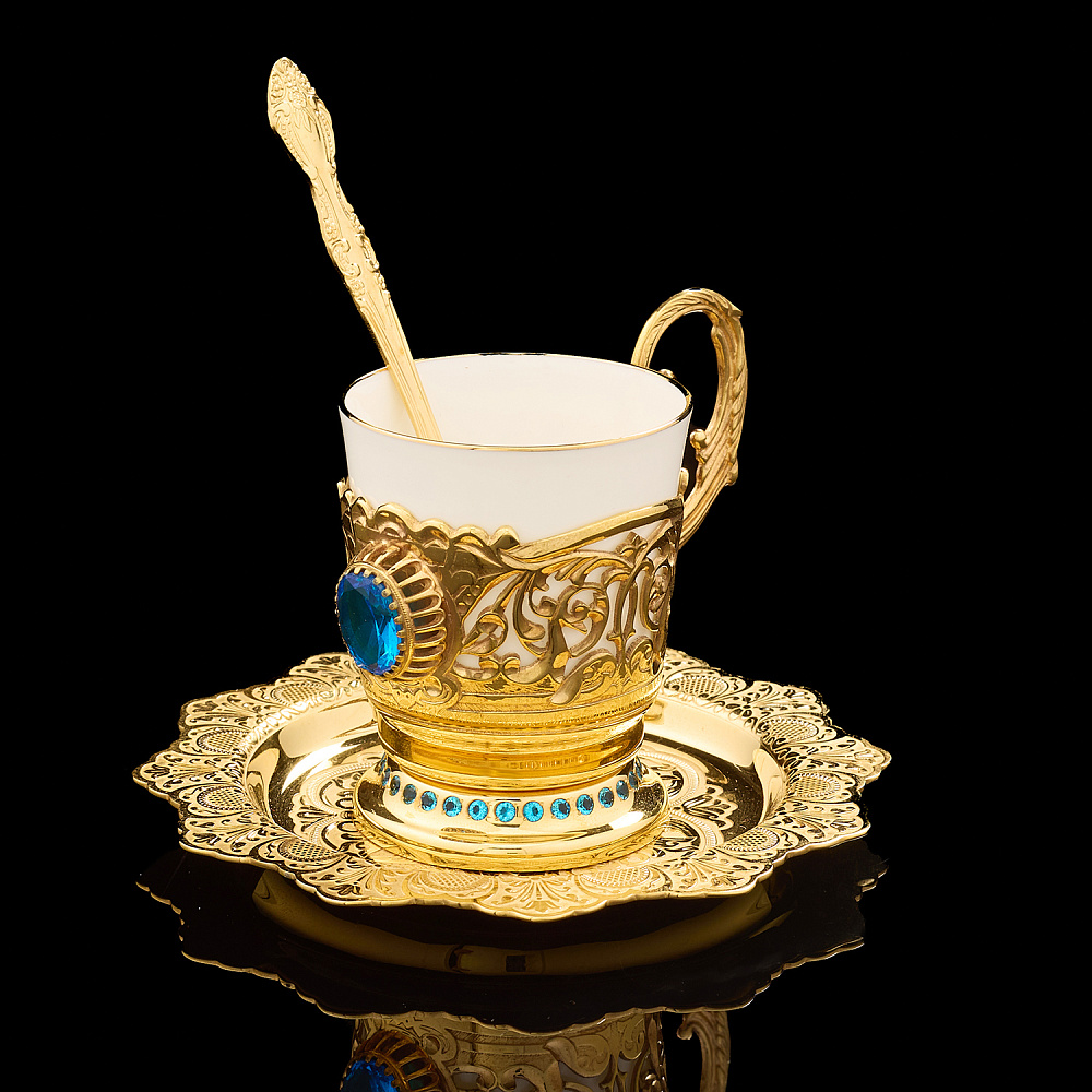 Кофейная пара с позолотой и фианитами «Герб РФ». Златоуст - интернет магазин Русь Велика я фото 1