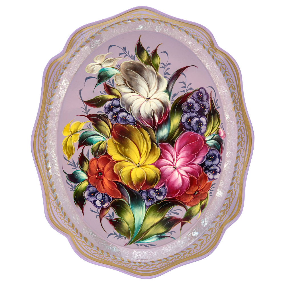 Поднос с авторской росписью «Цветы» 38х31 см - интернет магазин Русь Велика я 