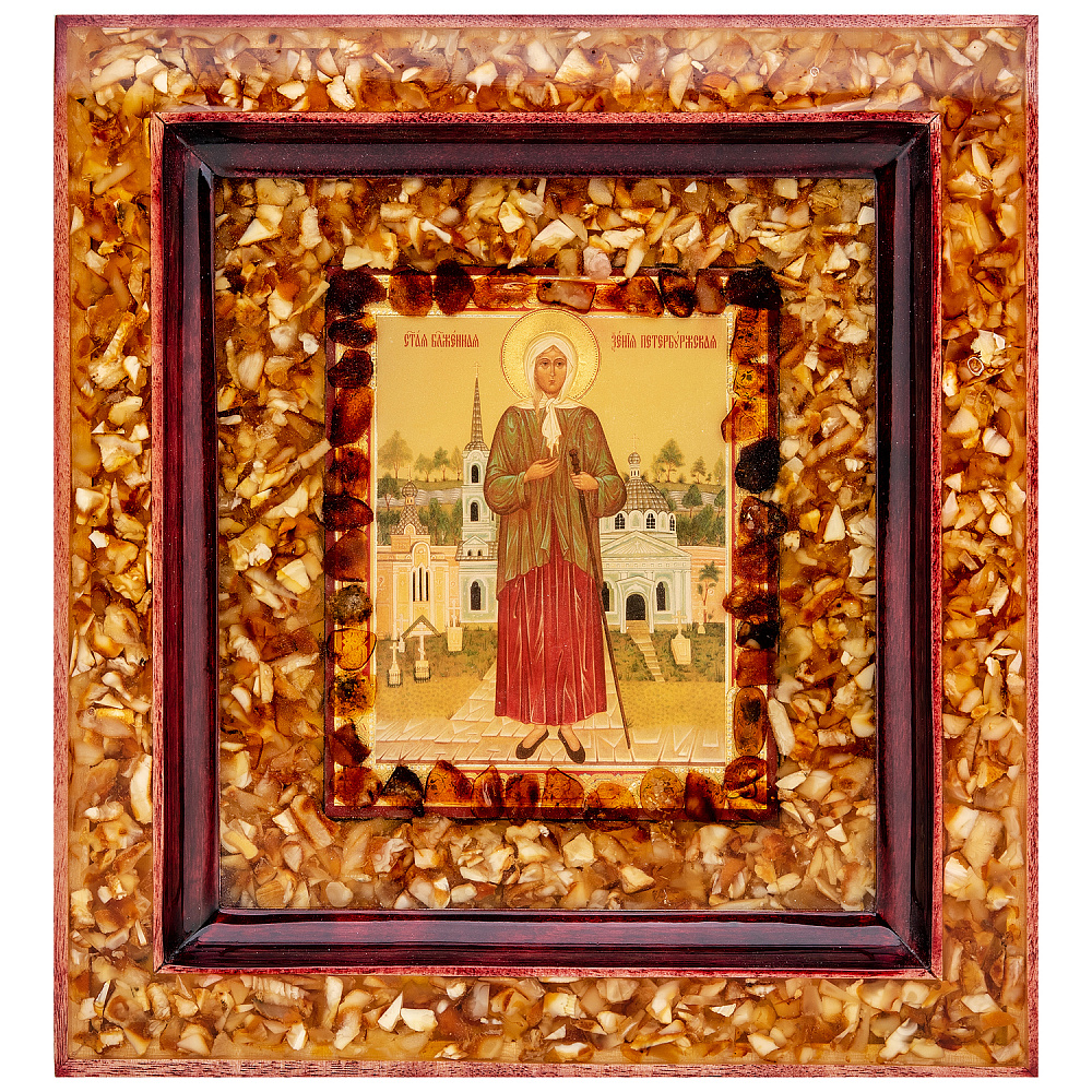 Икона янтарная в киоте «Ксения Петербургская» 26х24 см - интернет магазин Русь Велика я фото 1