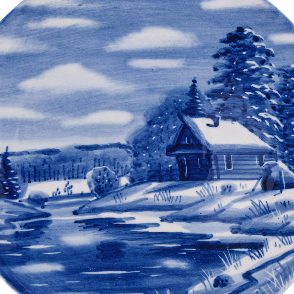 Тарелка декоративная «Деревенька». Гжель - интернет магазин Русь Велика я фото 1
