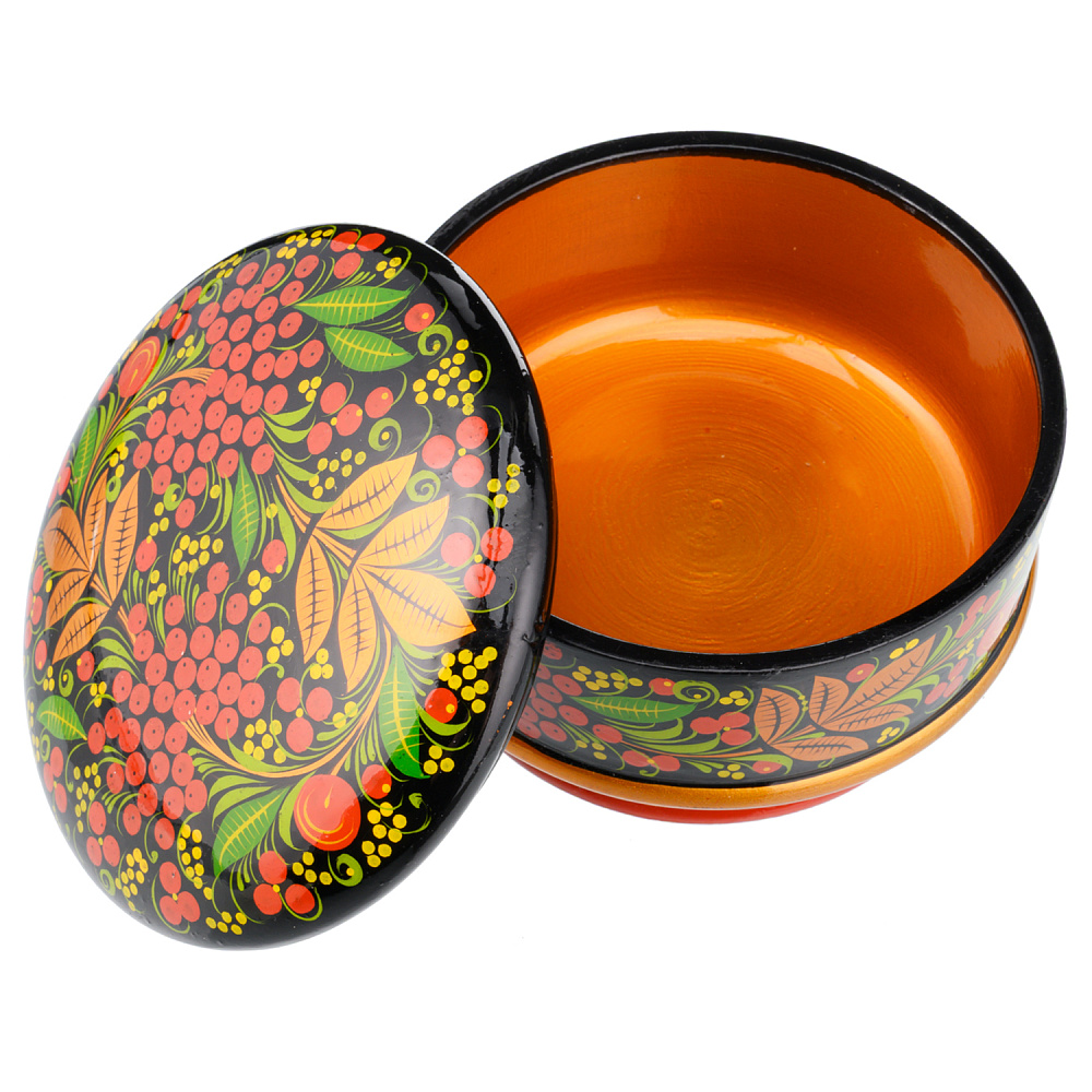 Деревянная круглая шкатулка с росписью «Рябина». Хохлома - интернет магазин Русь Велика я фото 1