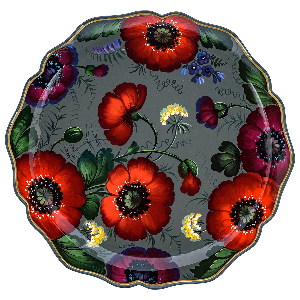 Поднос с авторской росписью «Цветы» 37 см - интернет магазин Русь Велика я 