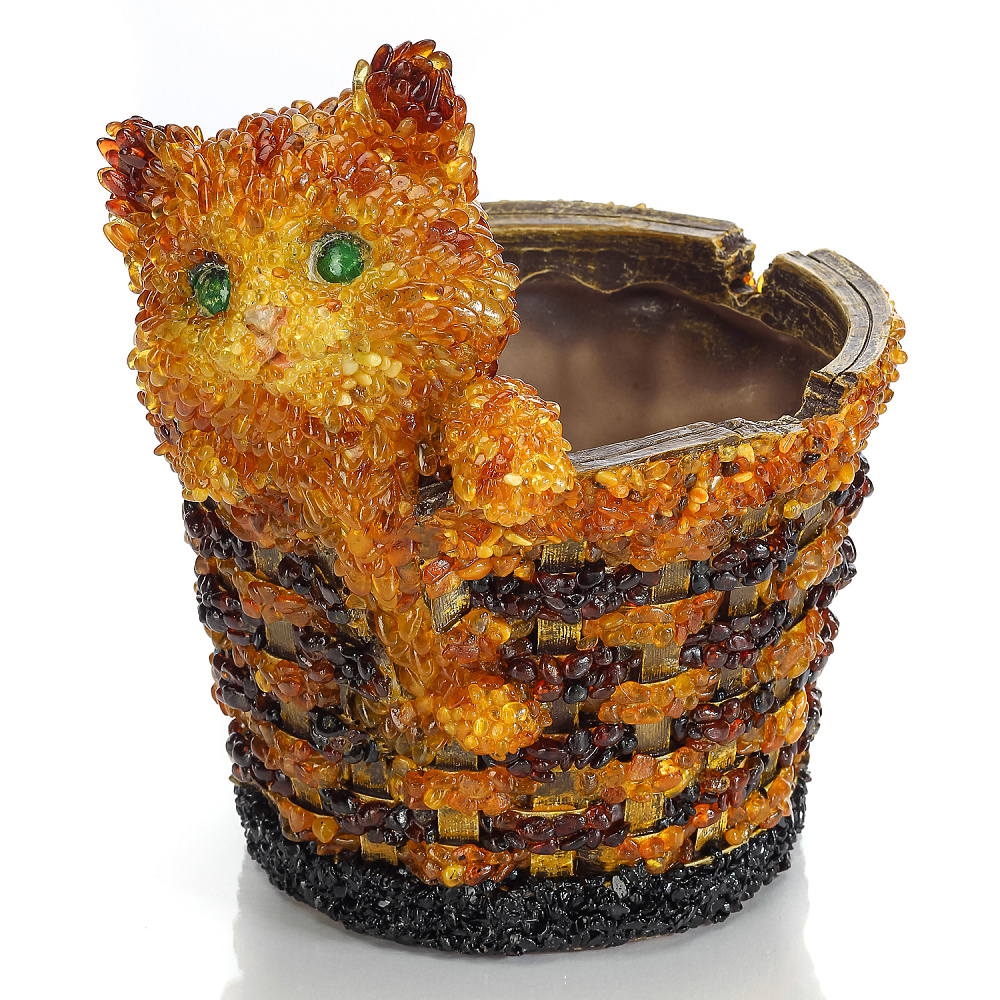 Скульптура-кашпо из янтаря «Кот в корзинке» - интернет магазин Русь Велика я фото 4