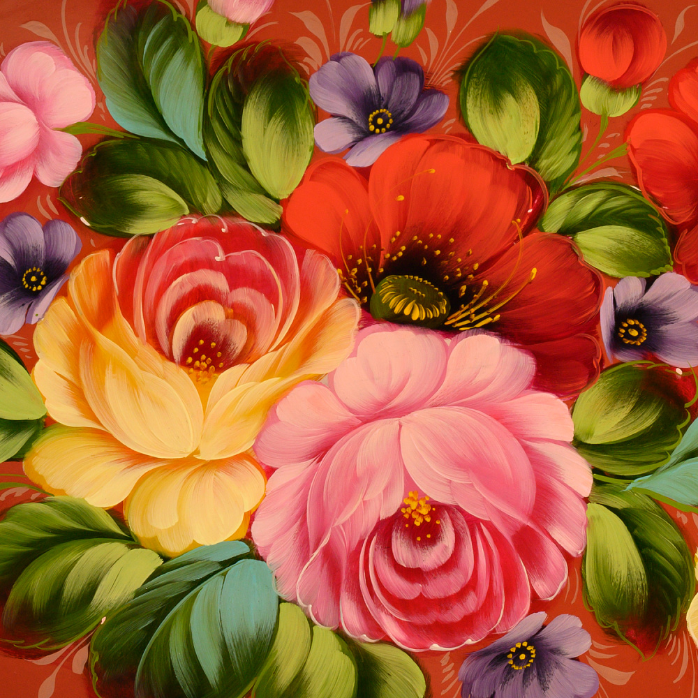 Поднос с авторской росписью «Цветы» 40х30 см - интернет магазин Русь Велика я фото 1