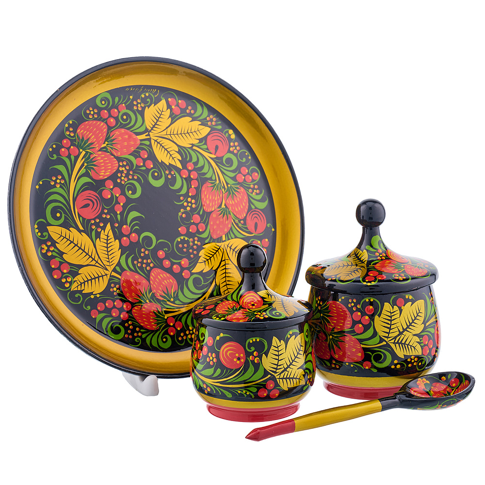 Набор деревянной посуды для кухни с росписью «Клубника». Хохлома - интернет магазин Русь Велика я 