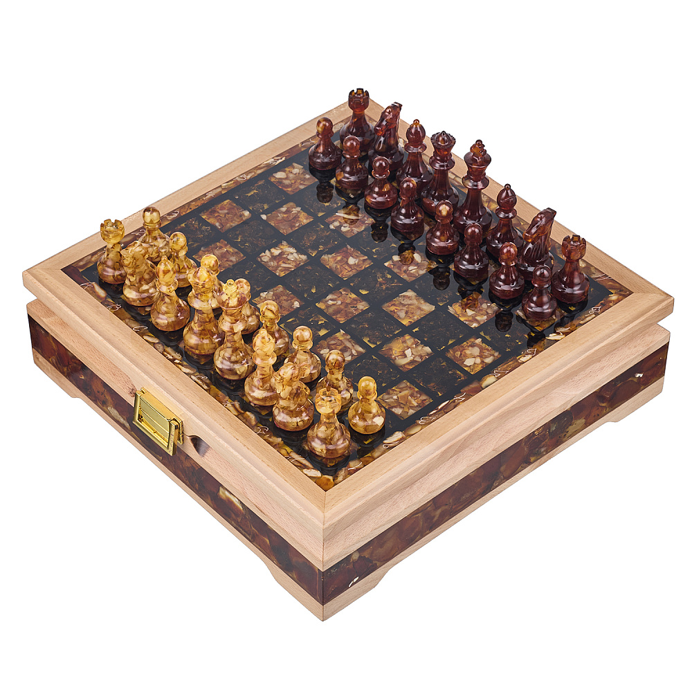Шахматы с инкрустацией и фигурами из янтаря 28х28 см - интернет магазин Русь Велика я 