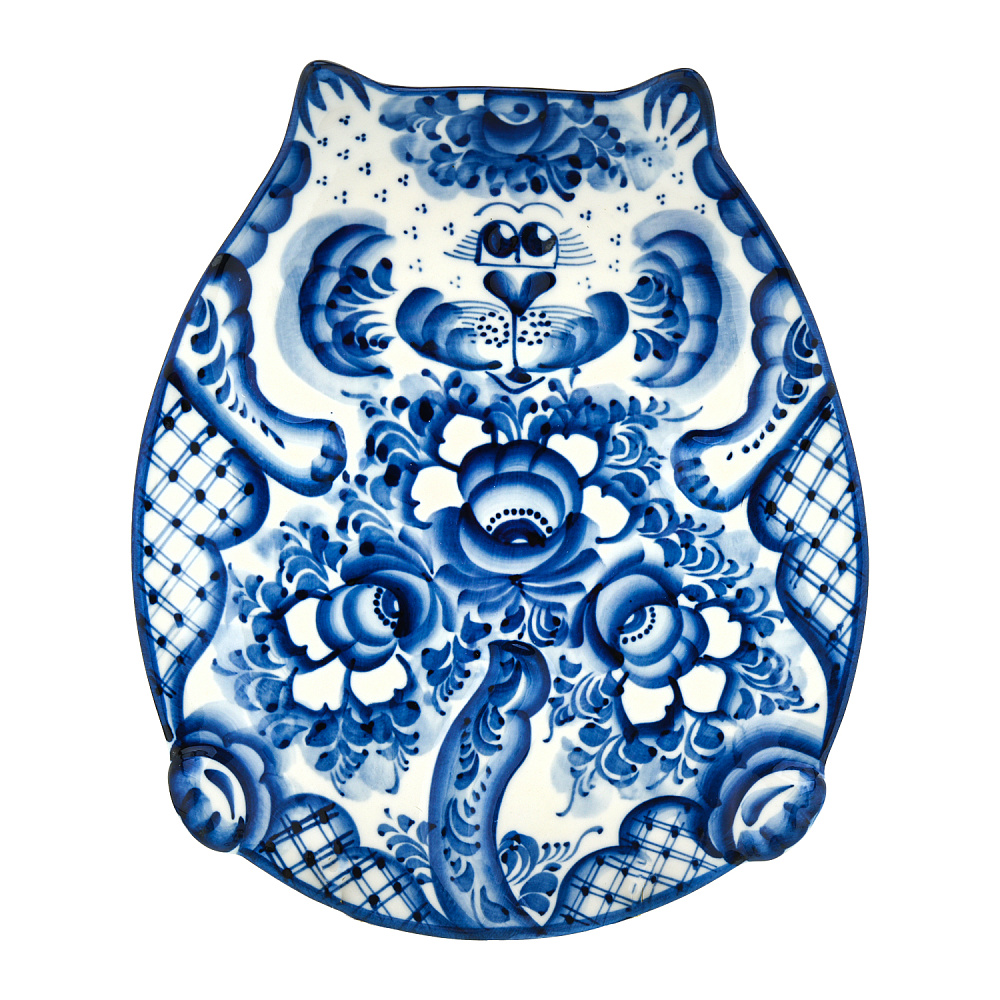 Блюдо «Кот». Гжель - интернет магазин Русь Велика я 