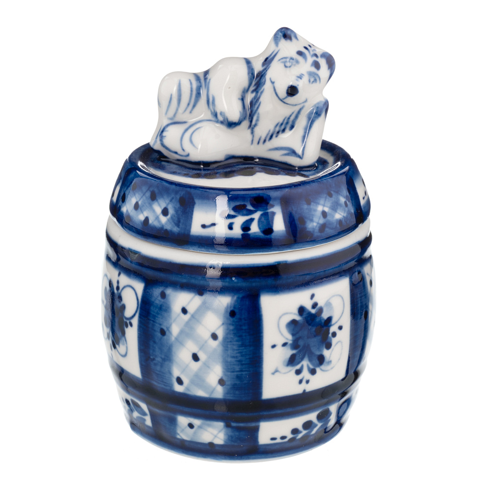 Медовница фарфоровая с росписью «Бочонок с медведем». Гжель - интернет магазин Русь Велика я 