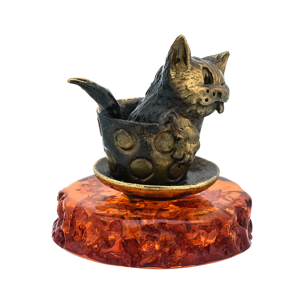Статуэтка с янтарем «Котик в чашке» - интернет магазин Русь Велика я фото 1