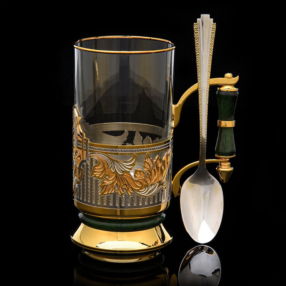 Подстаканник с золочением и нефритом «Орнамент». Златоуст - интернет магазин Русь Велика я 