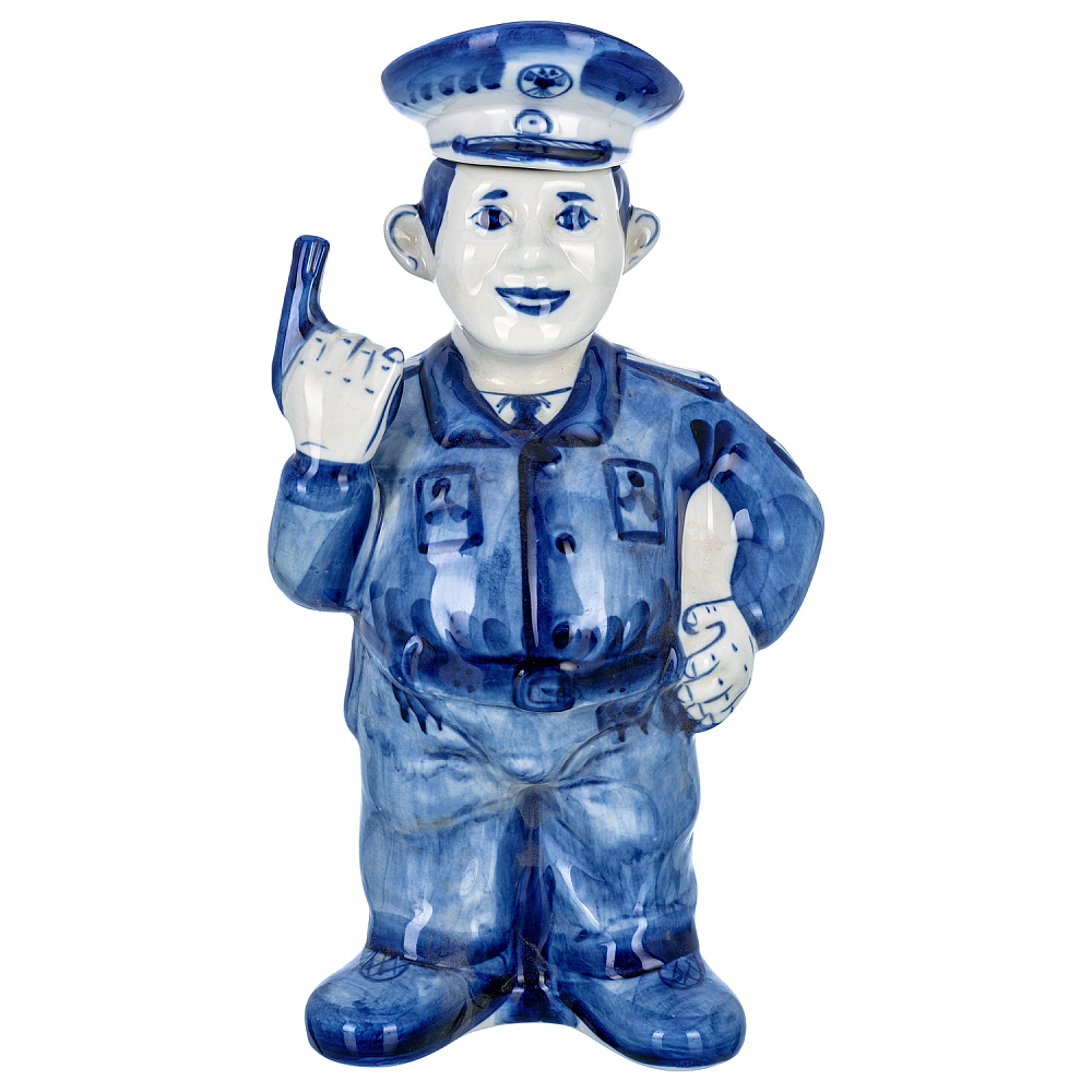 Штоф 1 л «Постовой с пистолетом». Гжель - интернет магазин Русь Велика я 