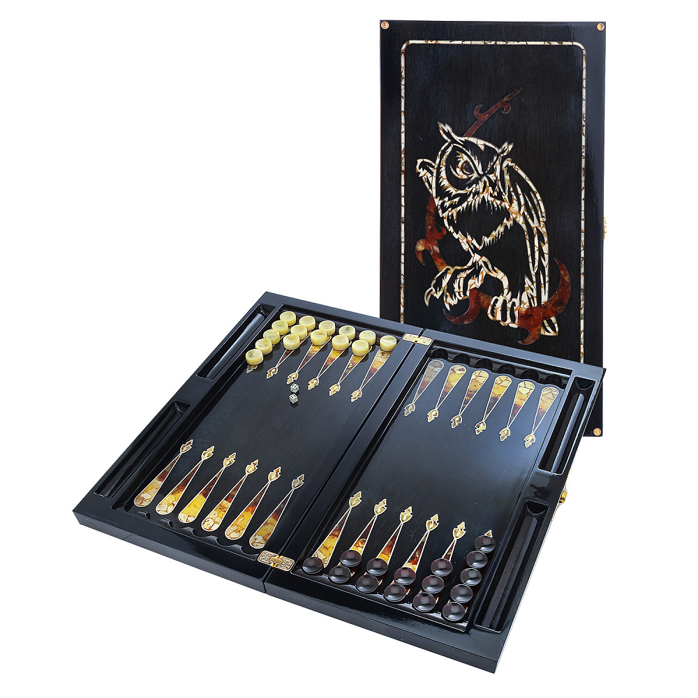Нарды деревянные с инкрустацией из янтаря «Филин» - интернет магазин Русь Велика я 