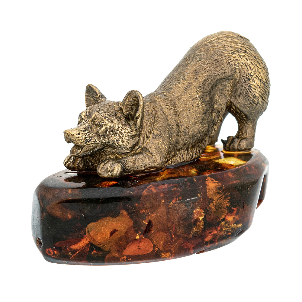 Статуэтка с янтарем «Собака игривый корги» - интернет магазин Русь Велика я 