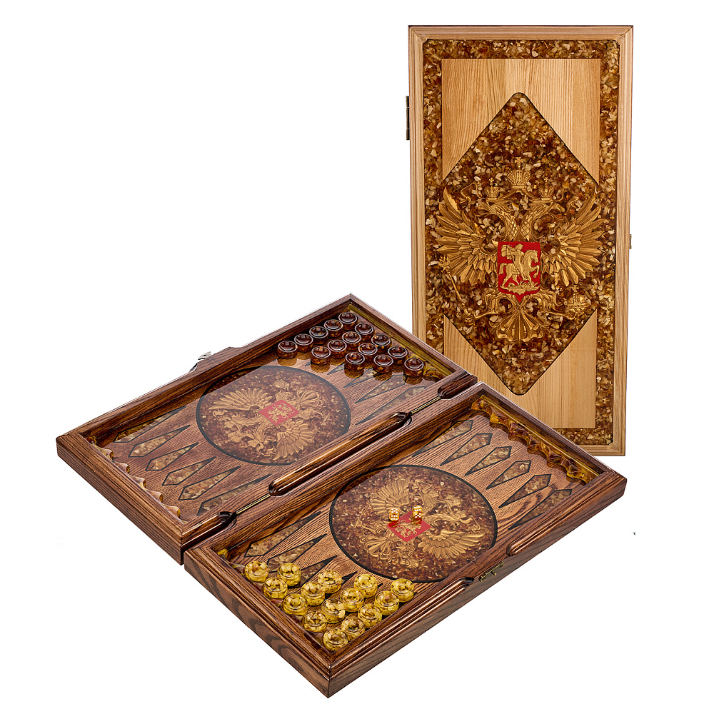 Нарды янтарные «Герб РФ» 46х23 см - интернет магазин Русь Велика я 