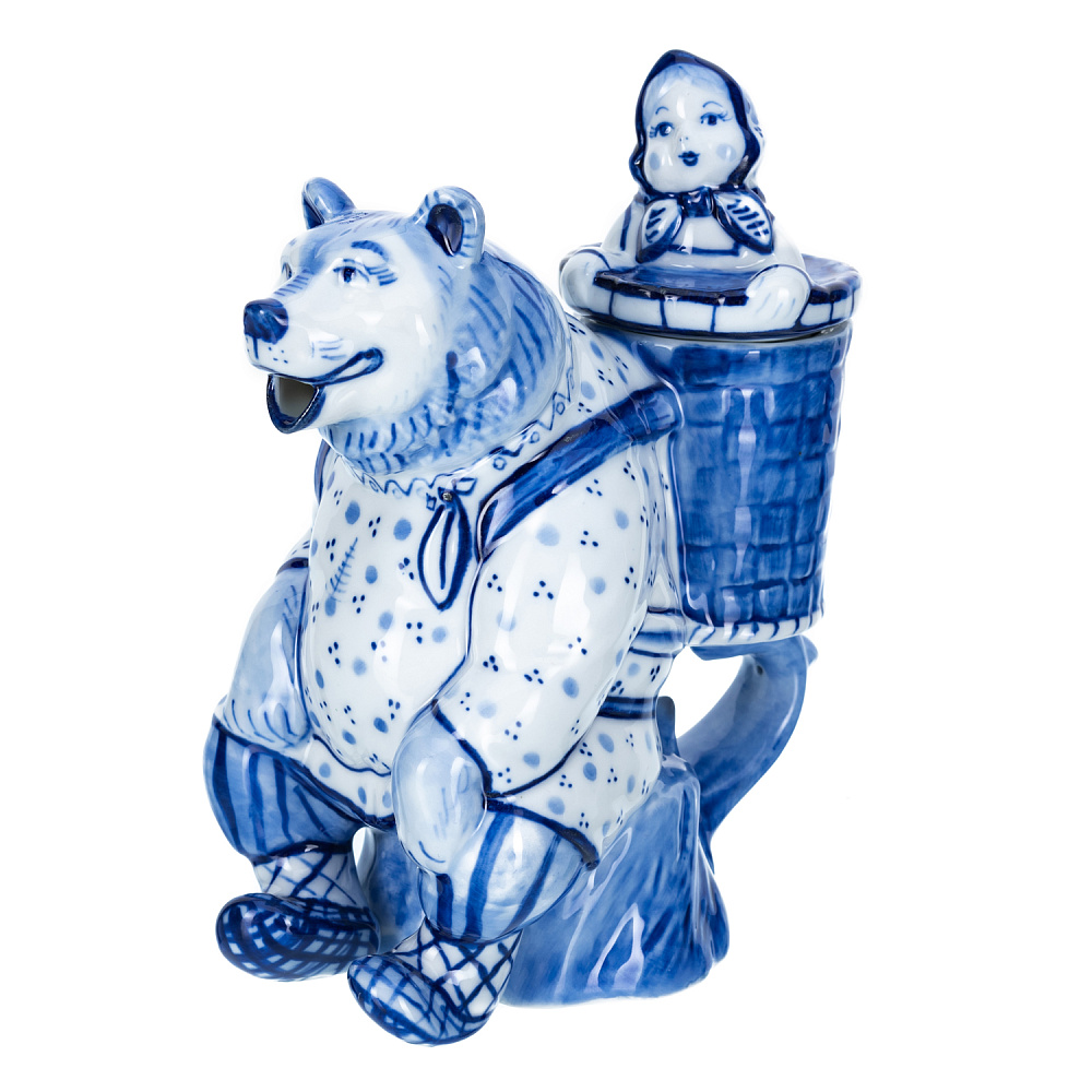 Чайник коллекционный «Маша и медведь». Гжель - интернет магазин Русь Велика я 