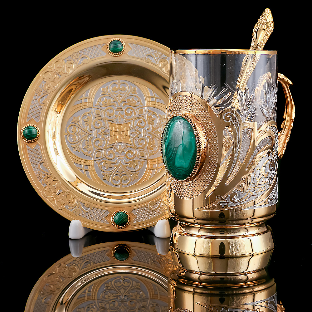 Подстаканник с блюдцем «Малахит». Златоуст - интернет магазин Русь Велика я 