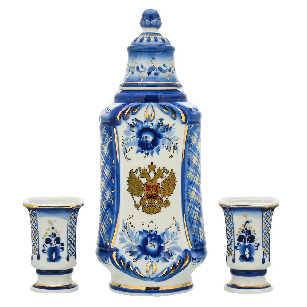 Штоф со стопками «Герб РФ». Гжель в золоте - интернет магазин Русь Велика я 