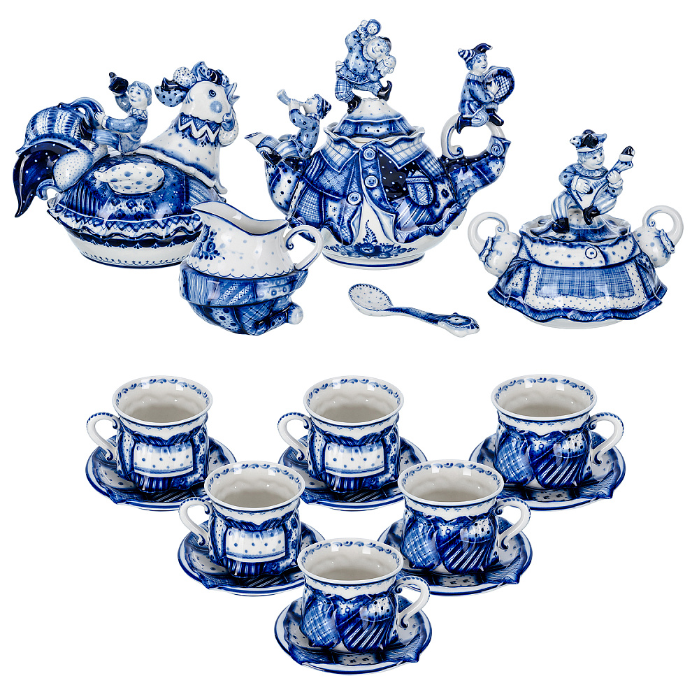 Чайный сервиз на 6 персон «Скоморошьи забавы». Гжель - интернет магазин Русь Велика я 
