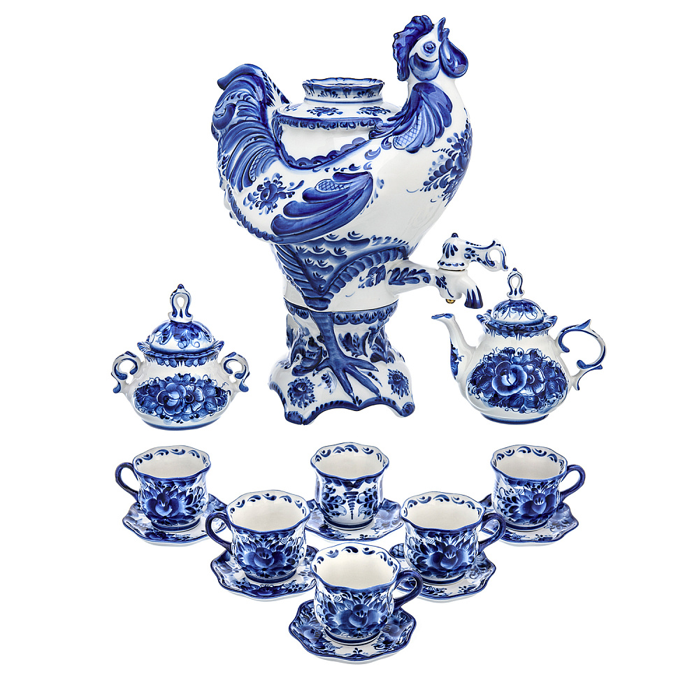 Самовар фарфоровый 3,5 л с сервизом «Петух». Гжель - интернет магазин Русь Велика я 