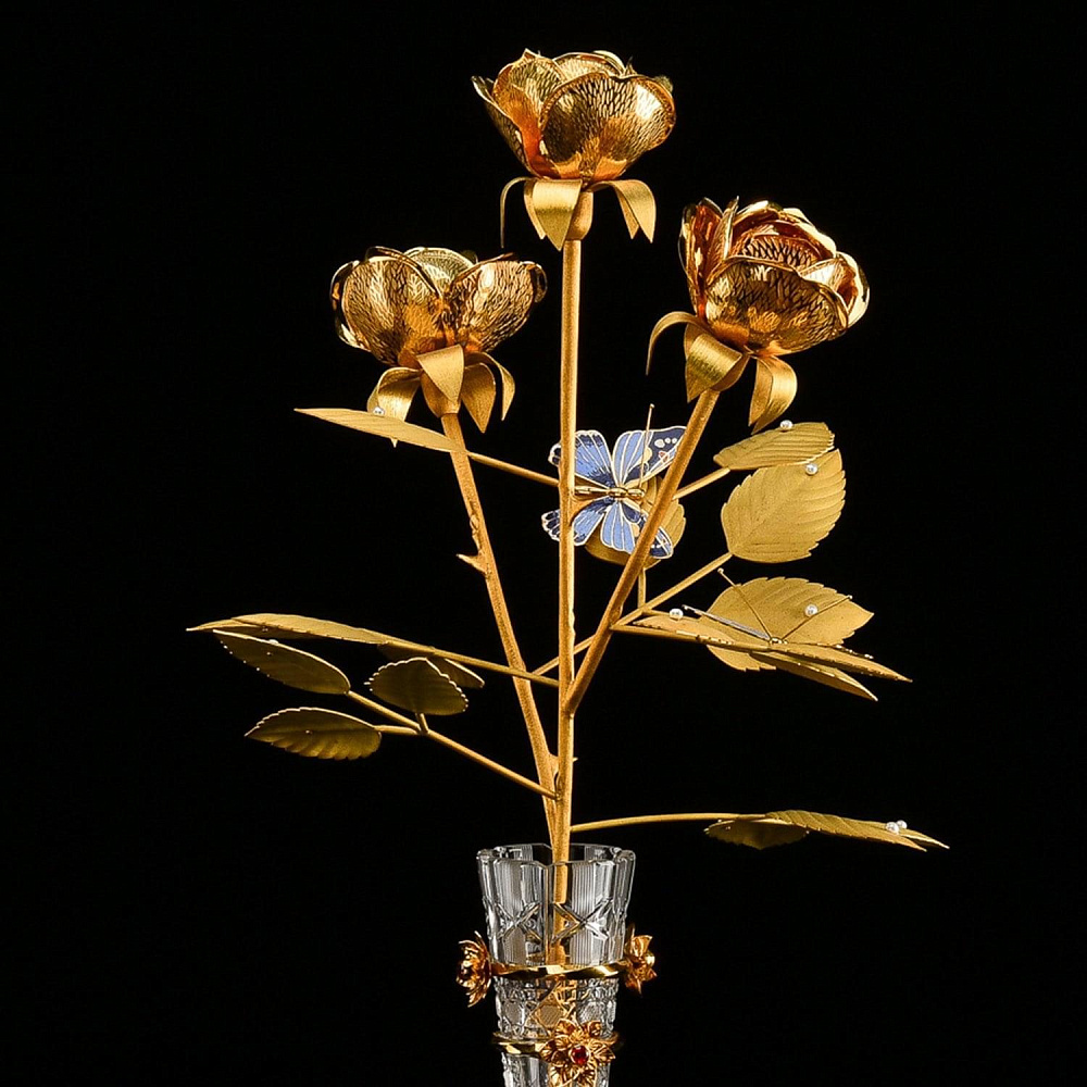 Хрустальная ваза с розами из латуни с позолотой. Златоуст - интернет магазин Русь Велика я 