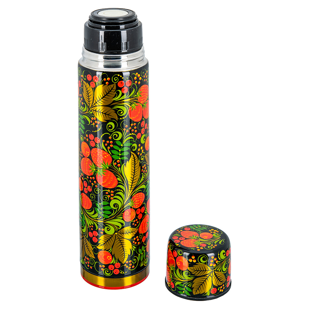 Термос металлический 1л с росписью «Клубника». Хохлома - интернет магазин Русь Велика я фото 1