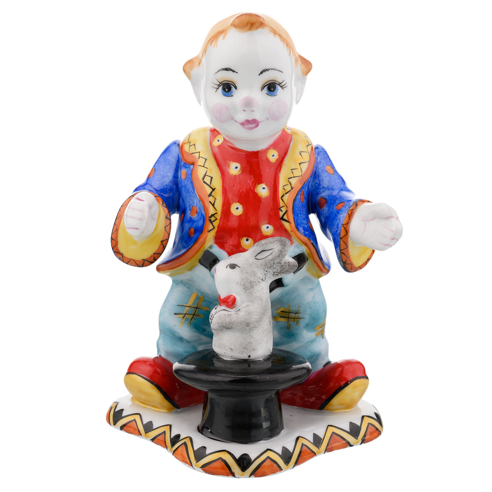 Статуэтка фарфоровая «Клоун с кроликом». Гжель в цвете - интернет магазин Русь Велика я 