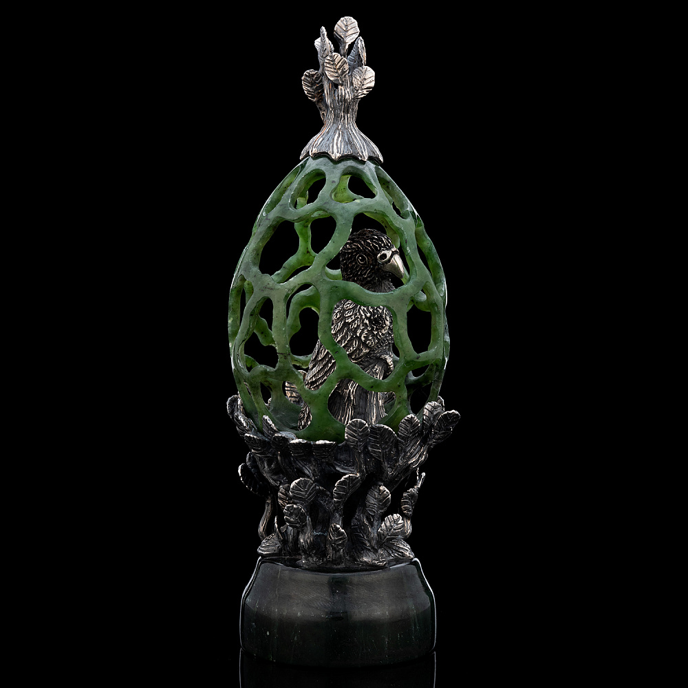Композиция из нефрита и серебра «Попугай в клетке» - интернет магазин Русь Велика я фото 3