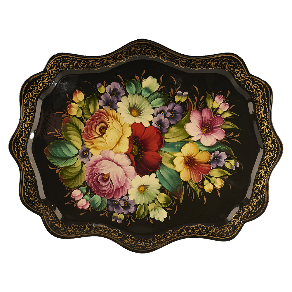 Поднос с авторской росписью «Цветы» 48х37 см - интернет магазин Русь Велика я 