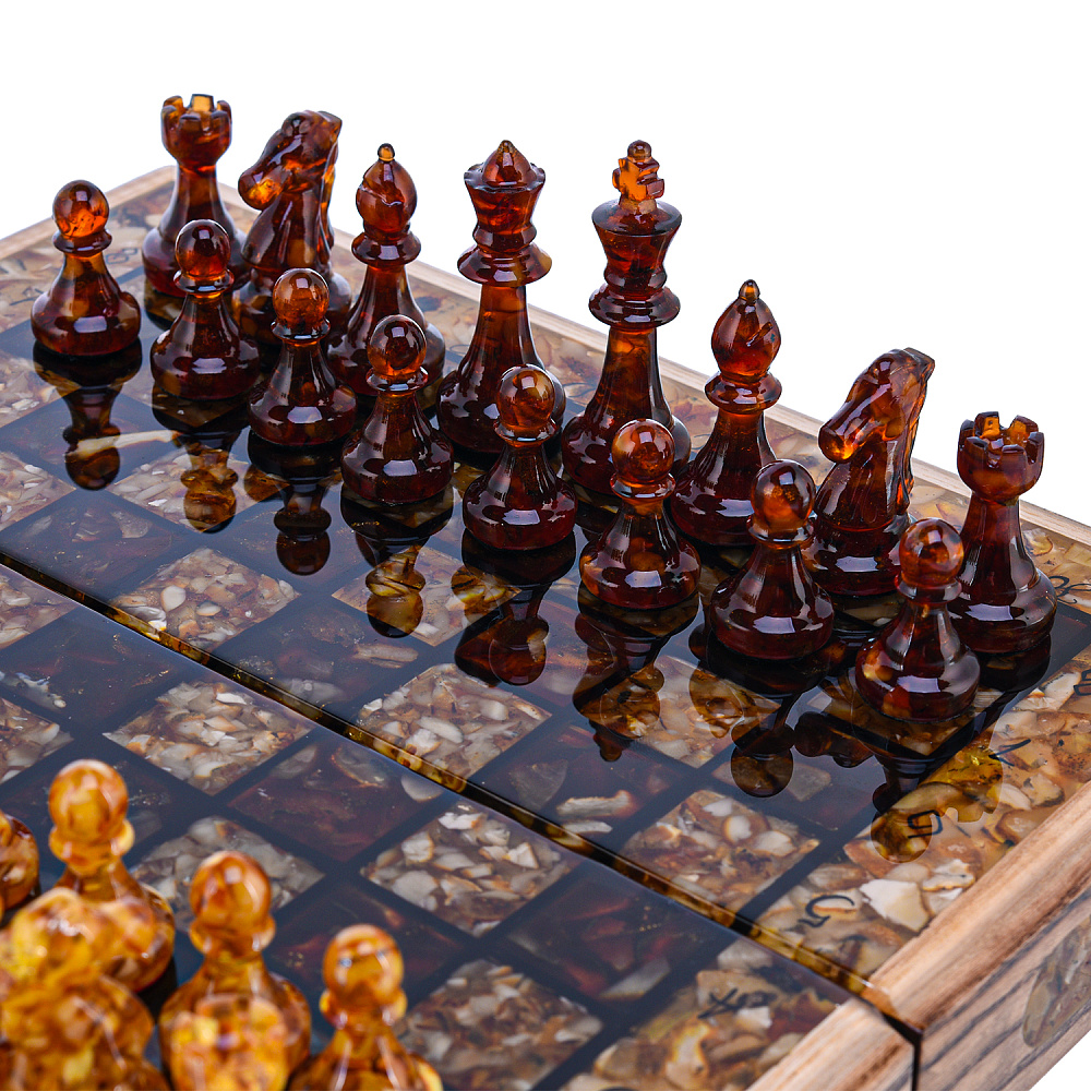 Шахматы складные с инкрустацией и фигурами из янтаря 28х28 см - интернет магазин Русь Велика я фото 1