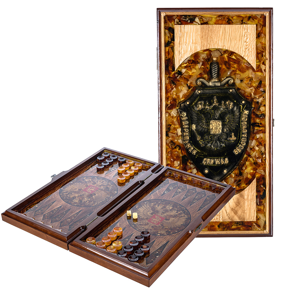 Нарды янтарные «Герб РФ. ФСБ» 46х23 см - интернет магазин Русь Велика я 