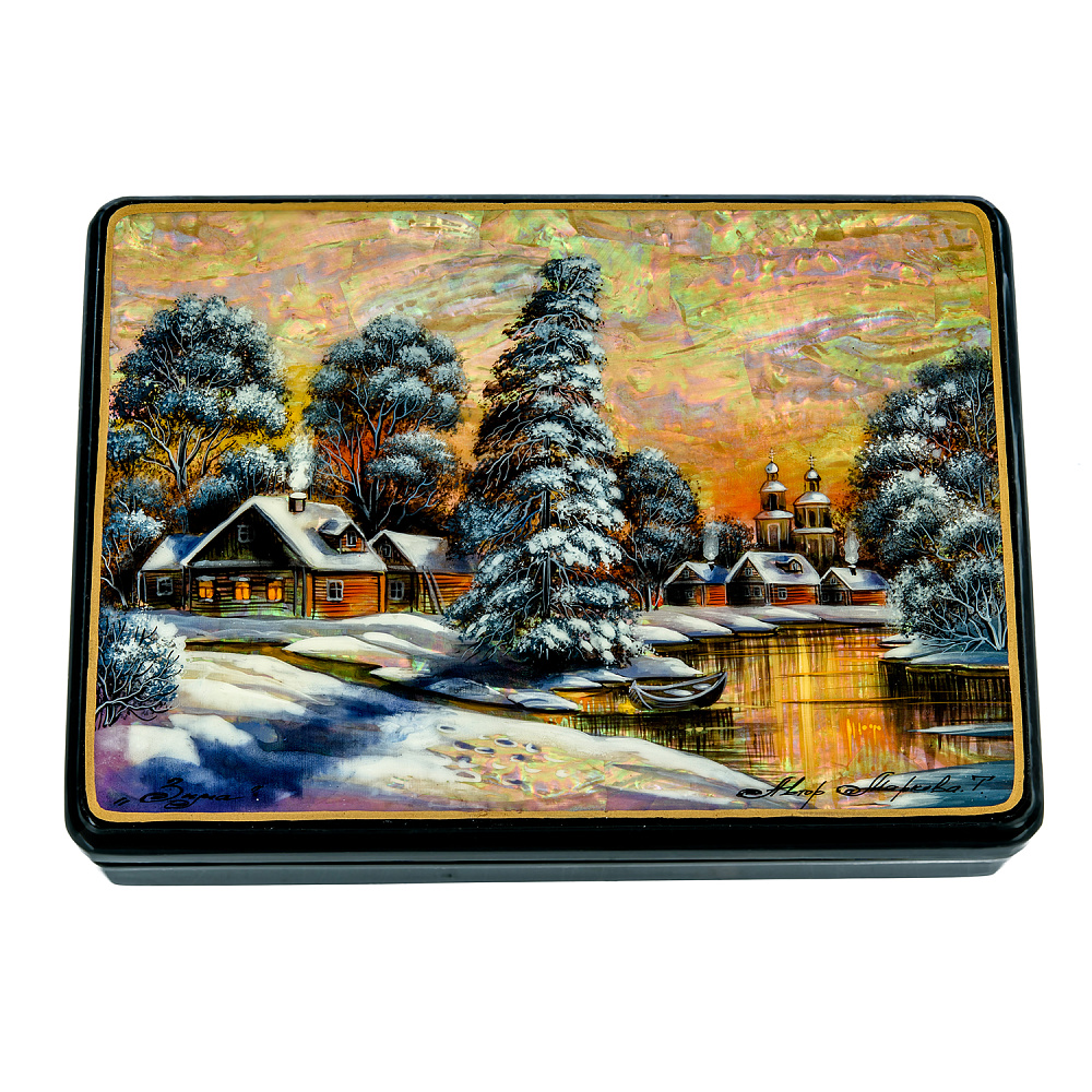 Шкатулка с художественной росписью «Зима в деревне» - интернет магазин Русь Велика я 