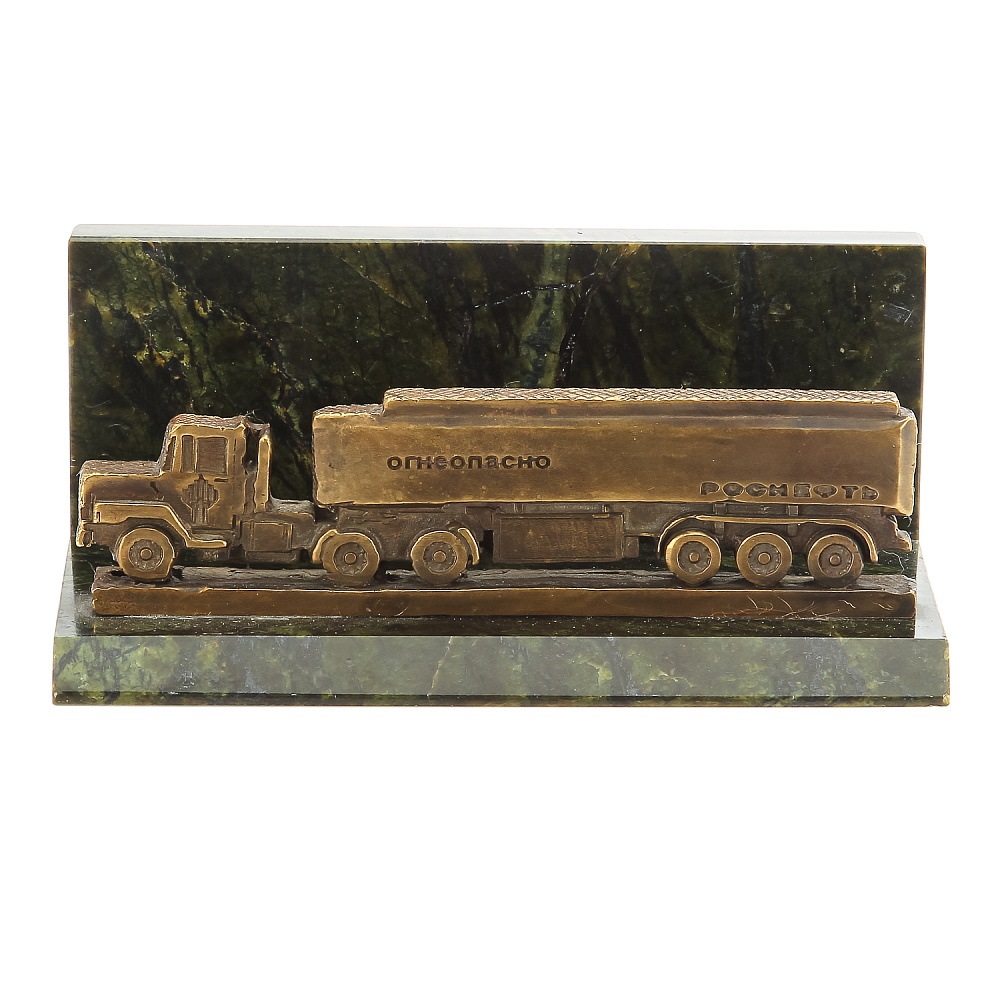 Настольная визитница из бронзы «Бензовоз» на подставке из змеевика - интернет магазин Русь Велика я фото 1