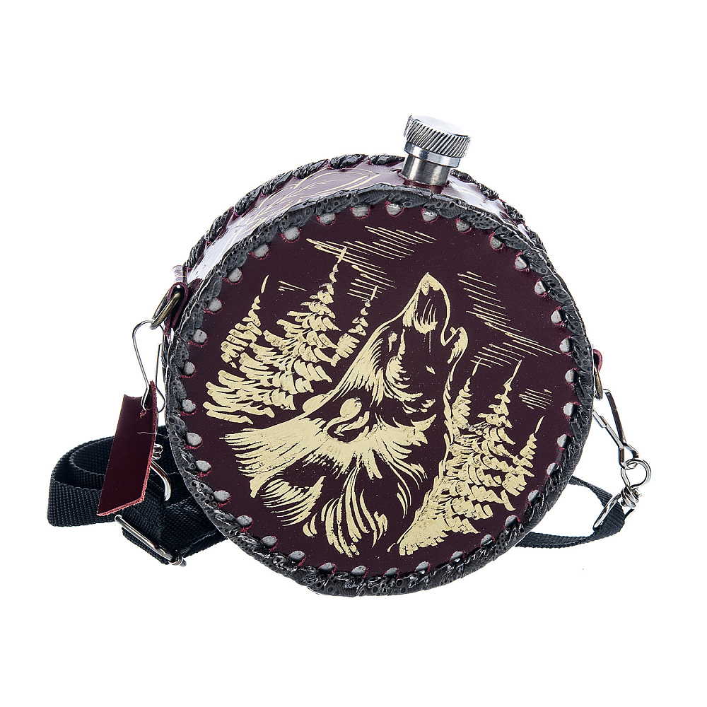 Фляга в кожаном футляре «Волк» 0,5 л - интернет магазин Русь Велика я 