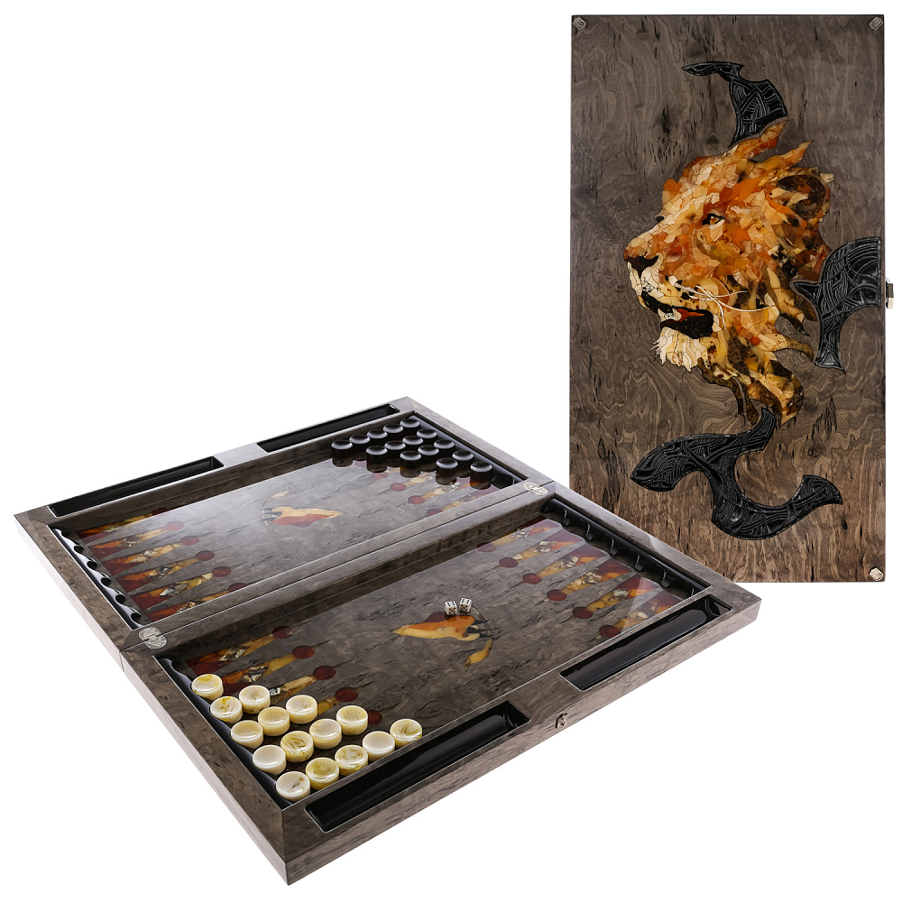 Нарды с янтарной инкрустацией «Лев» 64х60 см - интернет магазин Русь Велика я 